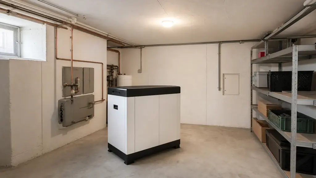 Batteriespeicher mit Freiraum ringsum in einem trockenen Kellerraum