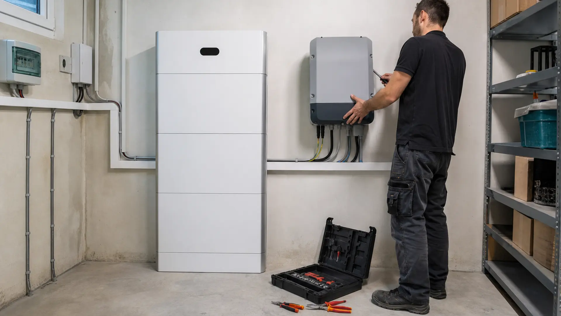 Wandmontierter Batteriespeicher neben dem Wechselrichter im Technikraum