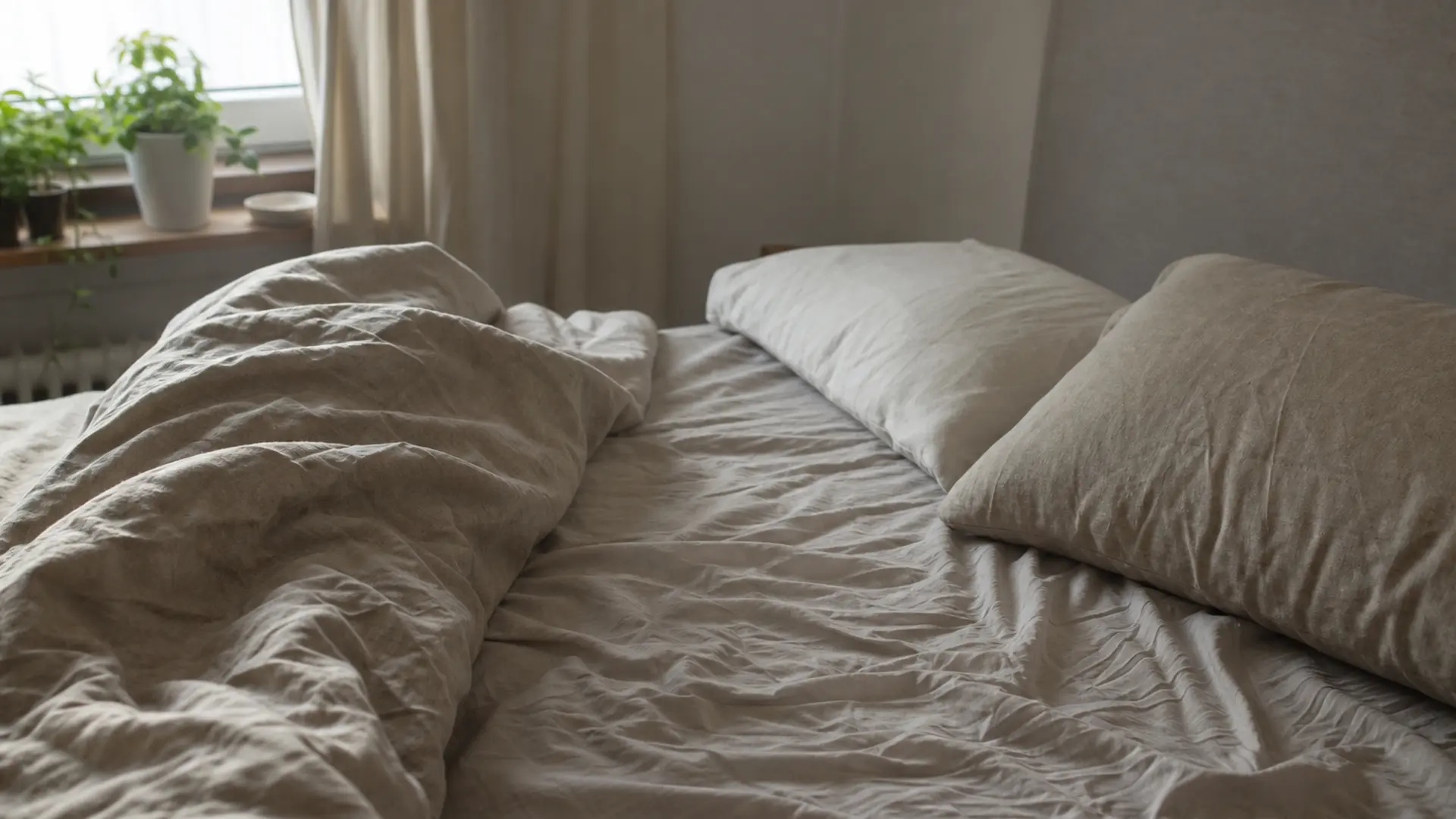 Aufgeschlagenes Bett mit Bettdecke und zwei unterschiedlich hohen Kissen