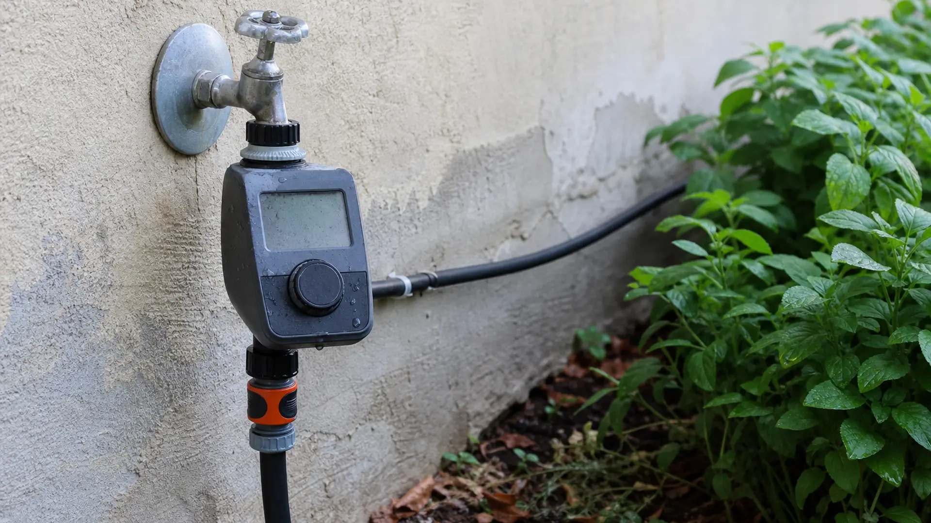 Bewässerungscomputer ist am Außenwasserhahn montiert, davon geht der Verteilerschlauch in den Garten