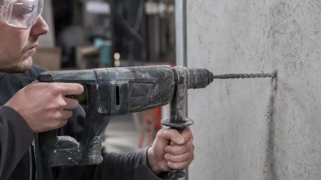 Bohrhammer bohrt in eine Betonwand, dabei rieselt Bohrmehl aus dem Loch