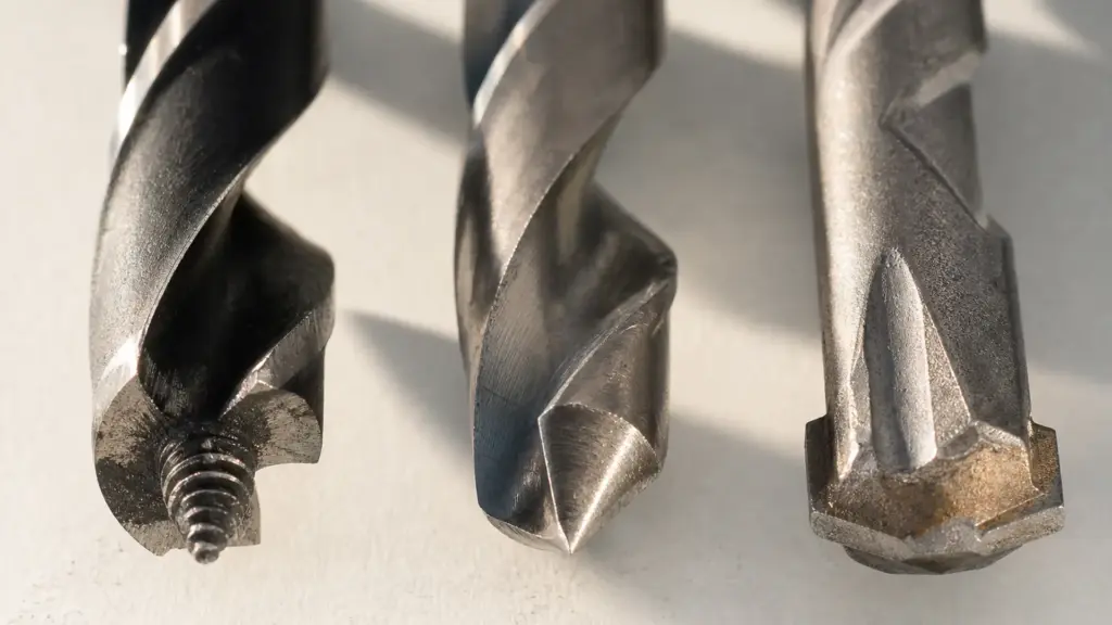 Holzbohrer, Metallbohrer und Steinbohrer liegen nebeneinander, die unterschiedlichen Spitzen sind erkennbar