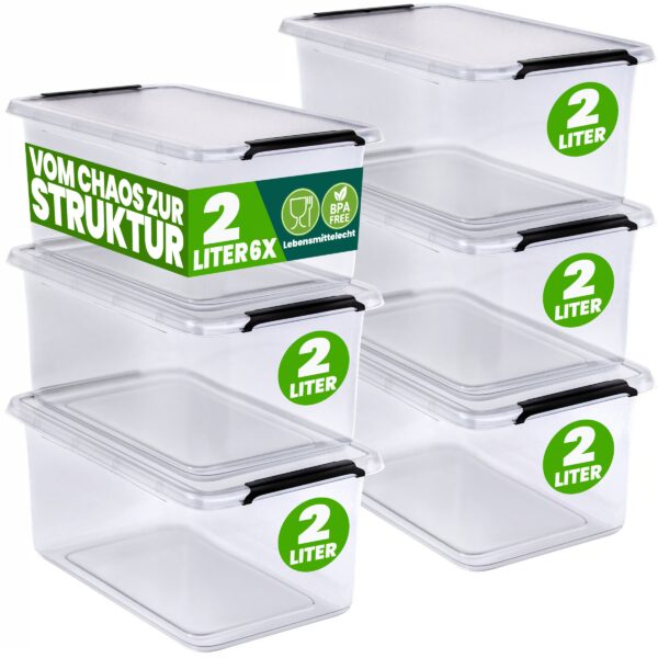 Aufbewahrungsbox 6er-Set 20x15x12cm 2L transparent stapelbar BPA-frei Aufbewahrungsbox 6er-Set 20x15x12cm 2L transparent stapelbar BPA-frei