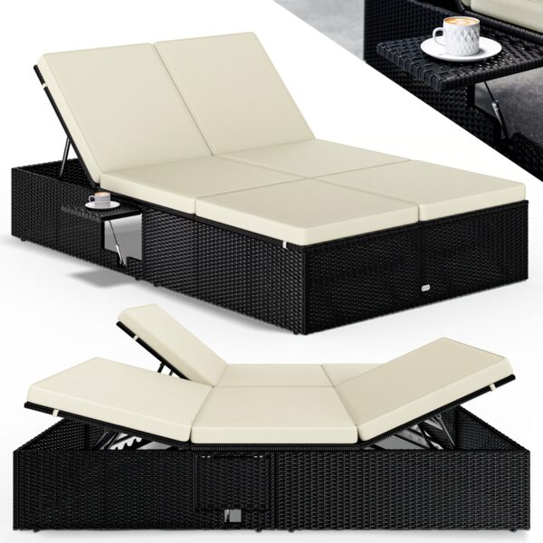 Polyrattan Gartenliege Schwarz/Creme 200x115x33cm Polyrattan Gartenliege Schwarz/Creme 200x115x33cm