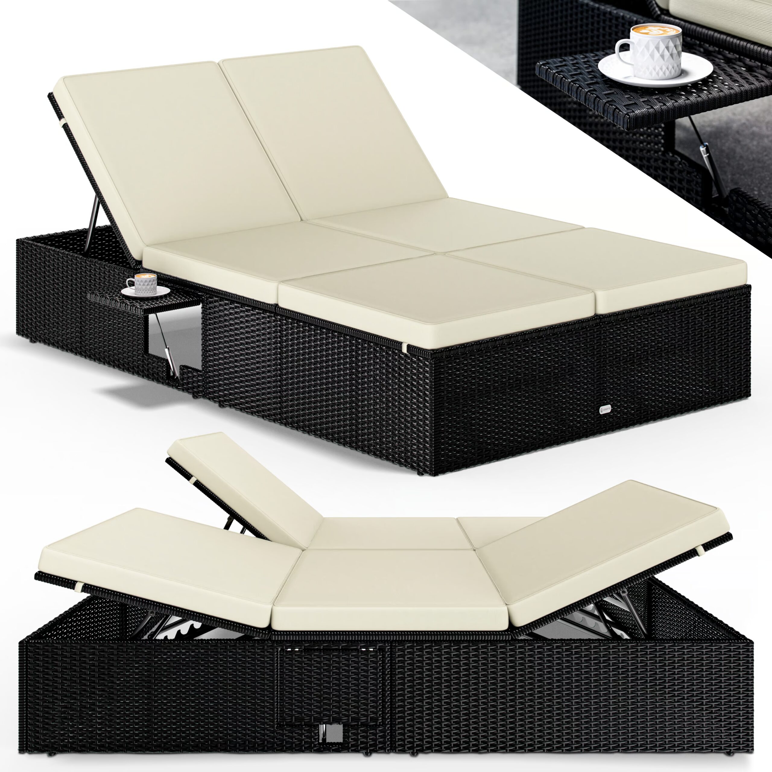 Polyrattan Gartenliege Schwarz/Creme 200x115x33cm