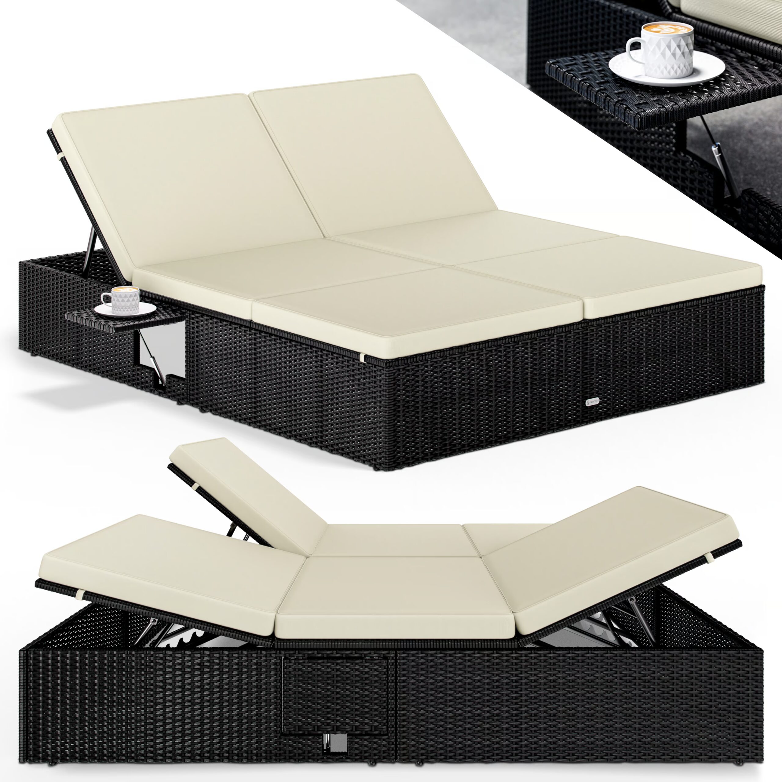 Polyrattan Sonnenliege Schwarz/Creme 200x160x33cm