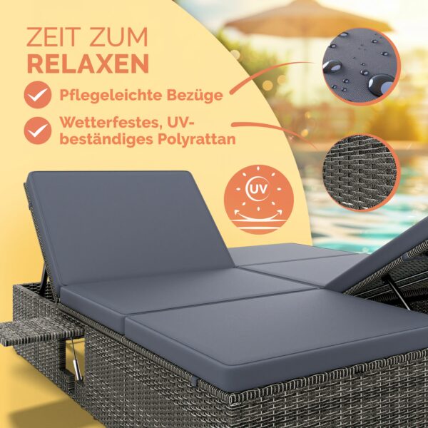 Polyrattan Sonnenliege Grau/Anthrazit 200x160x33cm – Bild 2