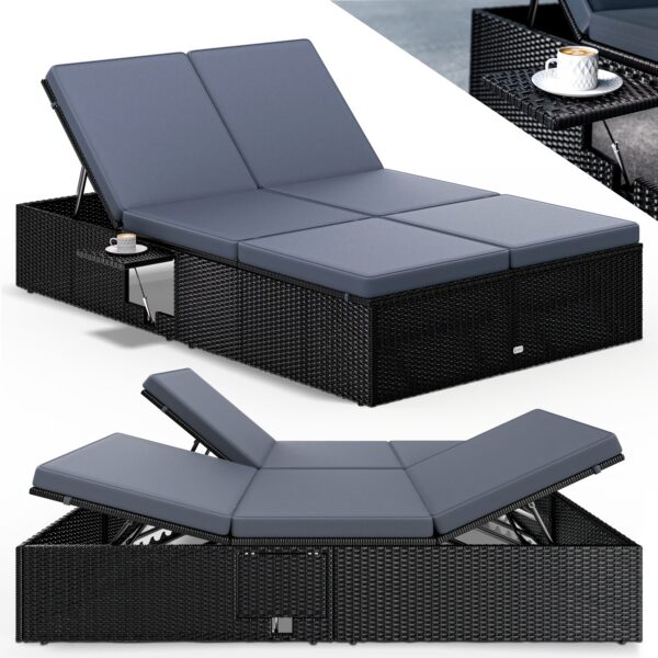 Polyrattan Gartenliege Schwarz/Anthrazit 200x115x33cm