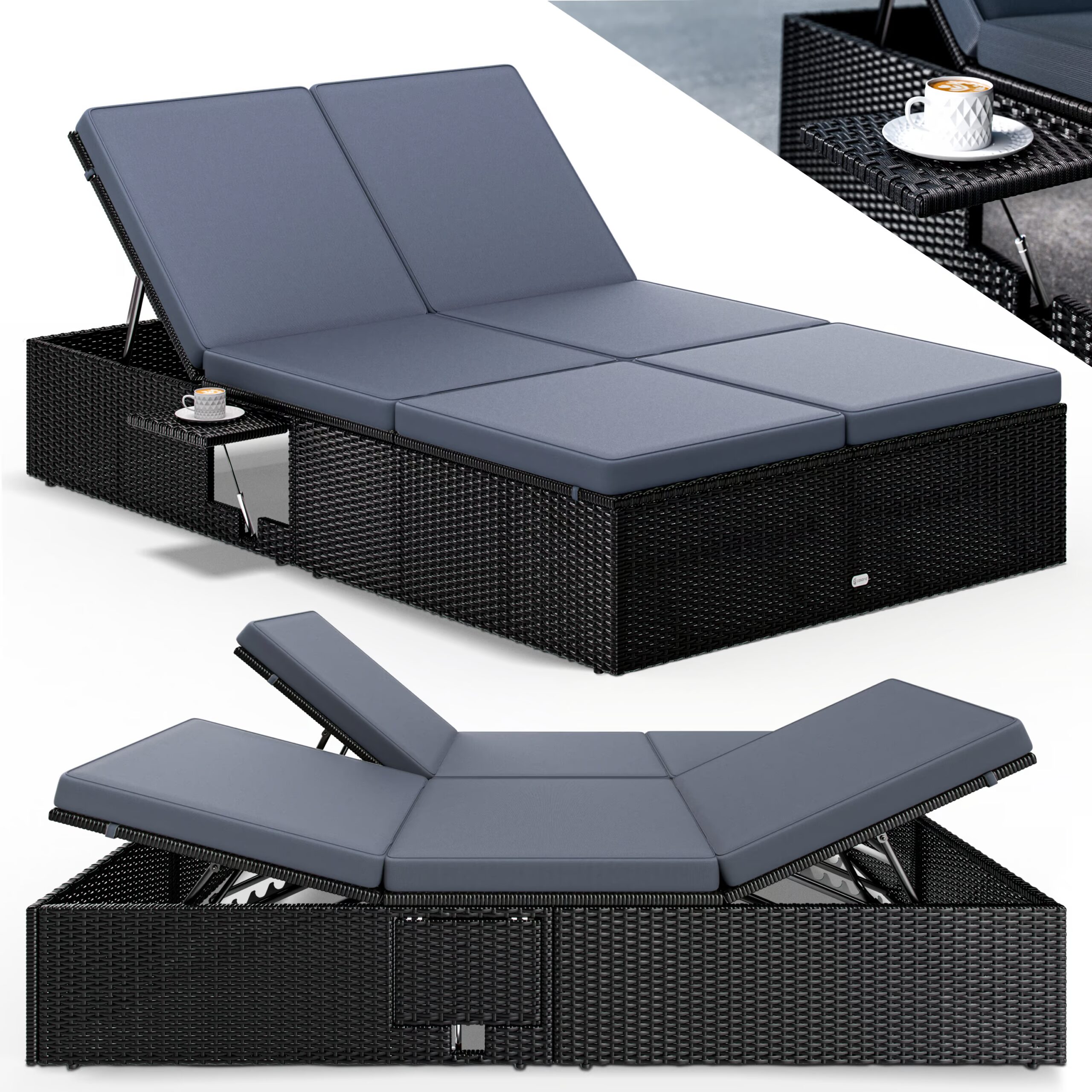 Polyrattan Gartenliege Schwarz/Anthrazit 200x115x33cm