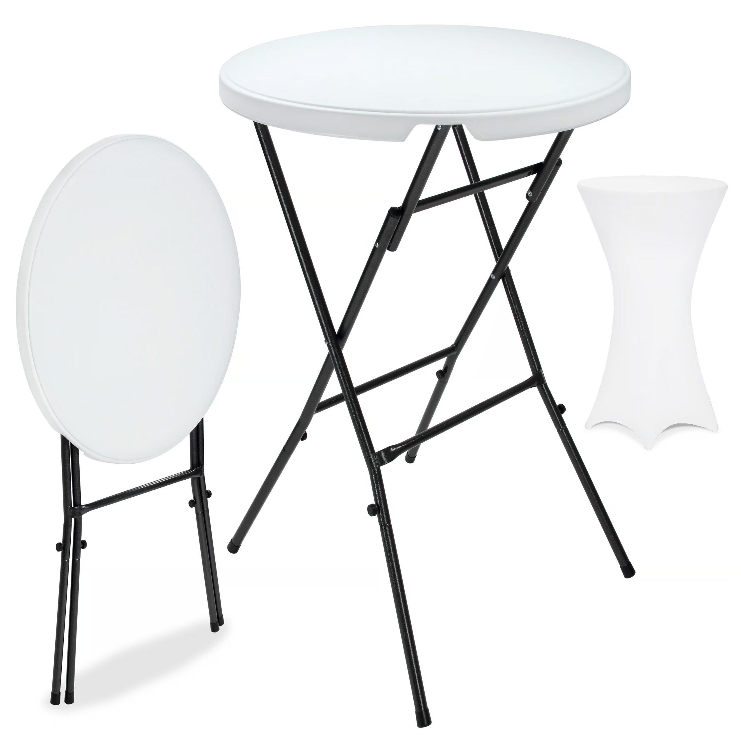 Stehtisch Weiß mit Husse Weiß Ø72cm klappbar 110cm Höhe