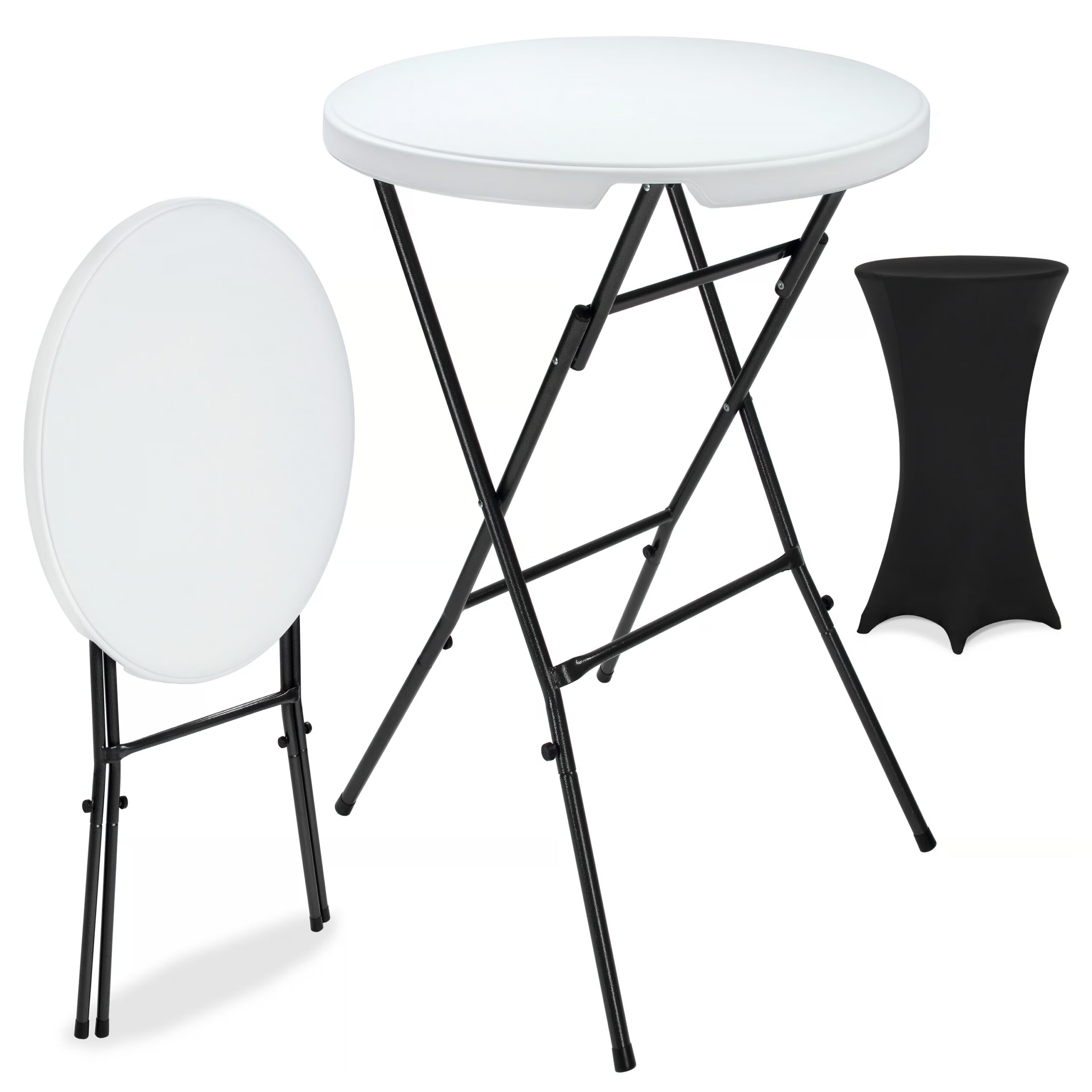 Stehtisch Weiß mit Husse Schwarz Ø72cm klappbar 110cm Höhe