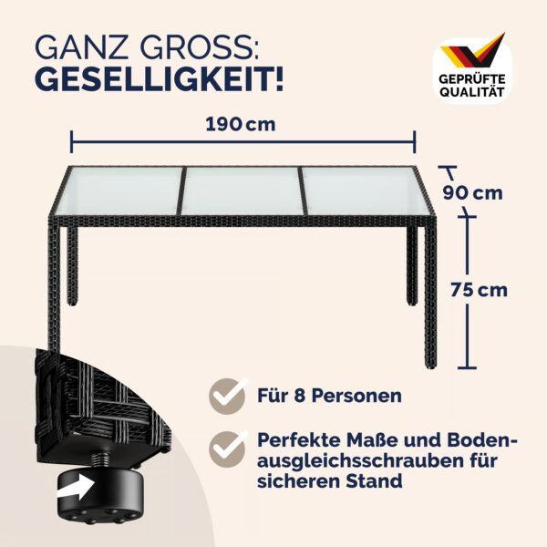 Polyrattan Gartentisch Schwarz 190x90x75cm Glas – Bild 2