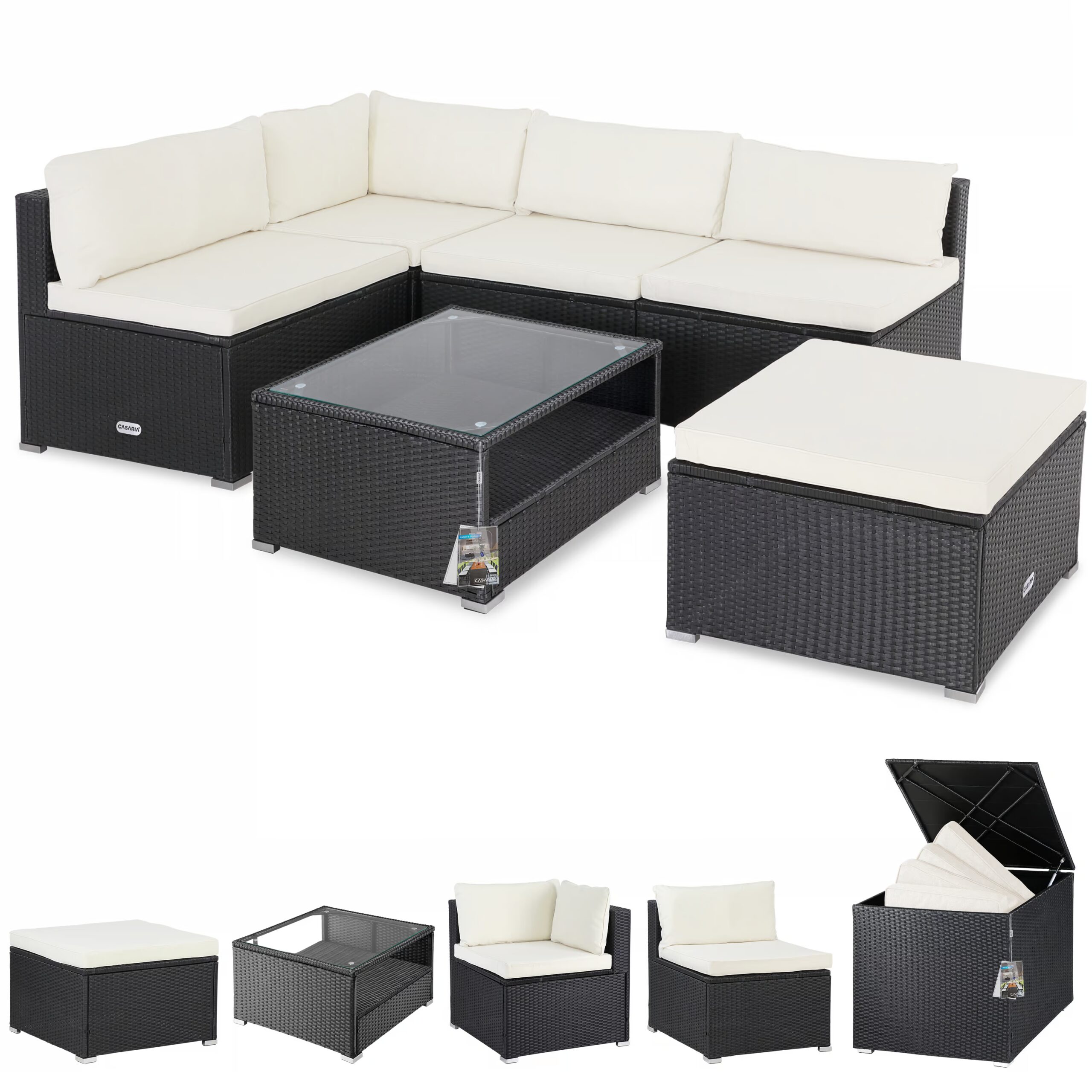 Polyrattan Ecklounge Schwarz/Creme mit Polyrattan Auflagenbox Schwarz