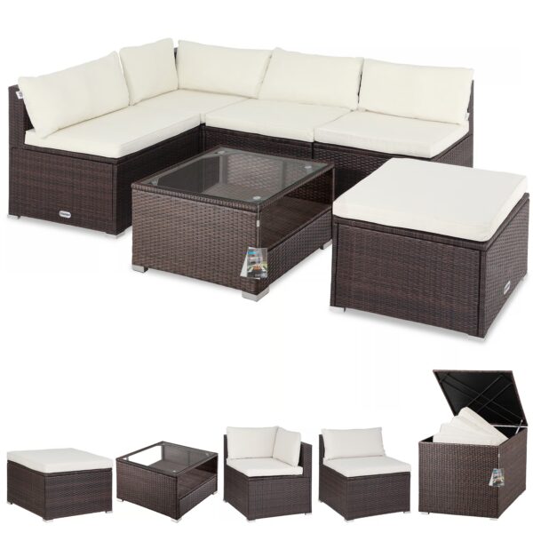Polyrattan Ecklounge Braun/Creme mit Polyrattan Auflagenbox Braun Polyrattan Ecklounge Braun/Creme mit Polyrattan Auflagenbox Braun