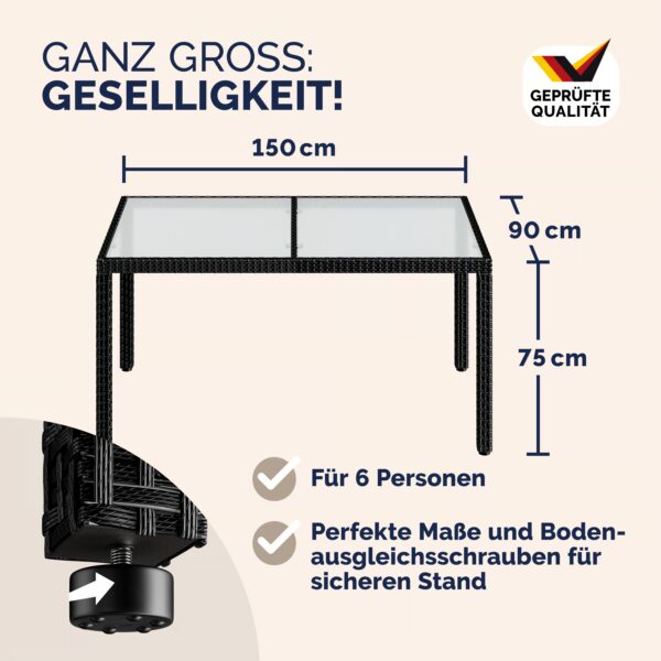 Polyrattan Gartentisch Schwarz 150x90x75cm Glas – Bild 2
