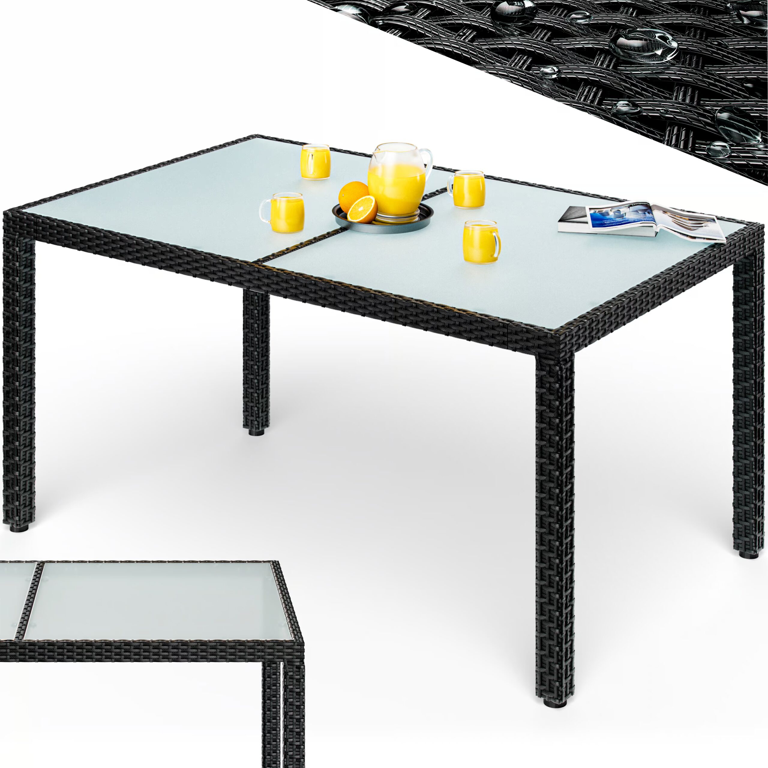 Polyrattan Gartentisch Schwarz 150x90x75cm Glas