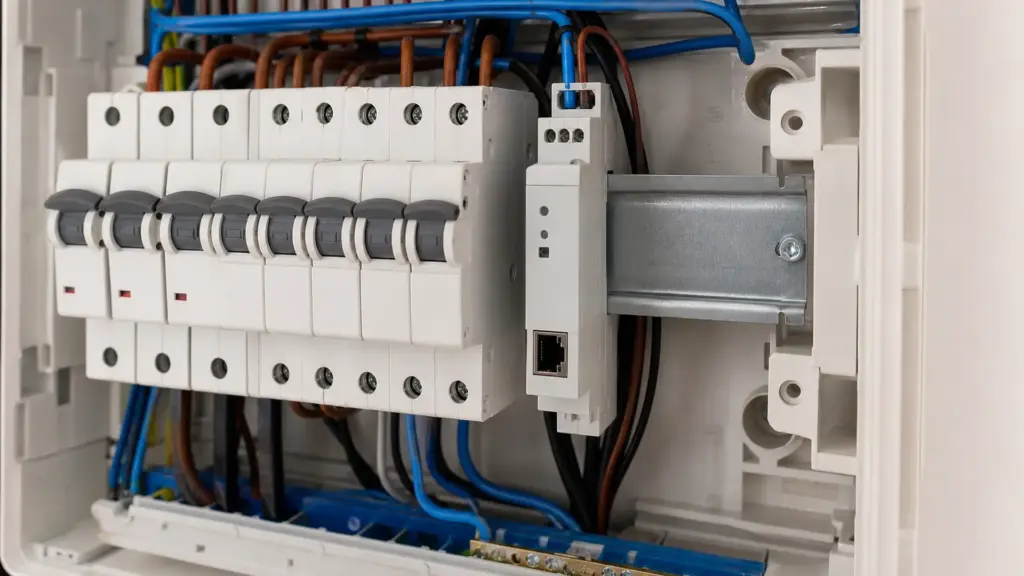 Energiemanager auf der Hutschiene im Verteiler neben Schutzschaltern