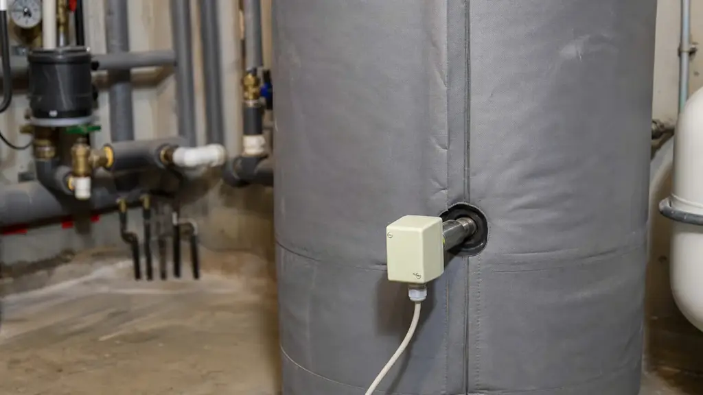 Warmwasserspeicher mit eingeschraubtem Heizstab und Anschlussleitung im Keller