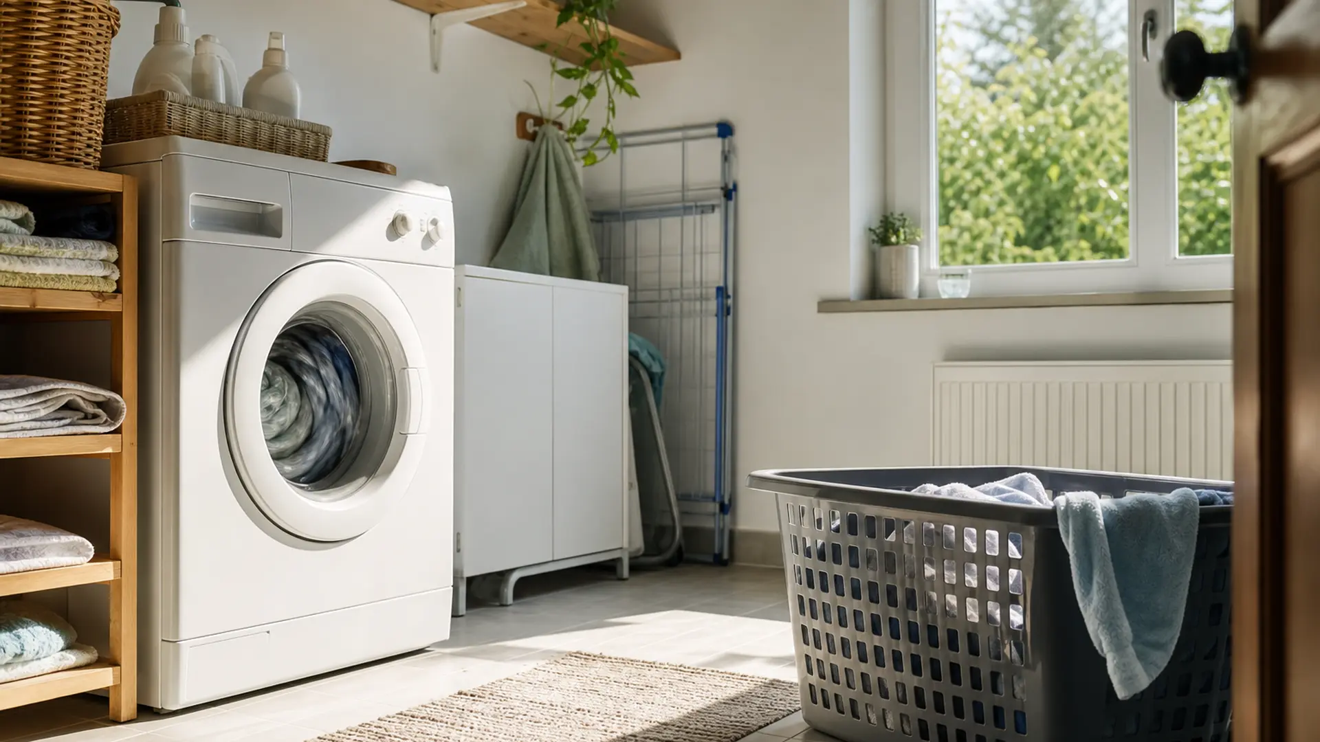 Waschmaschine läuft mittags in einem sonnendurchfluteten Hauswirtschaftsraum