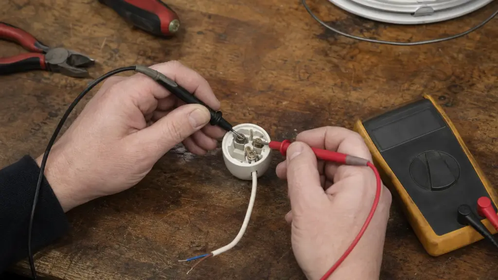 Multimeter prüft den Durchgang einer ausgebauten Leuchtenfassung auf der Werkbank