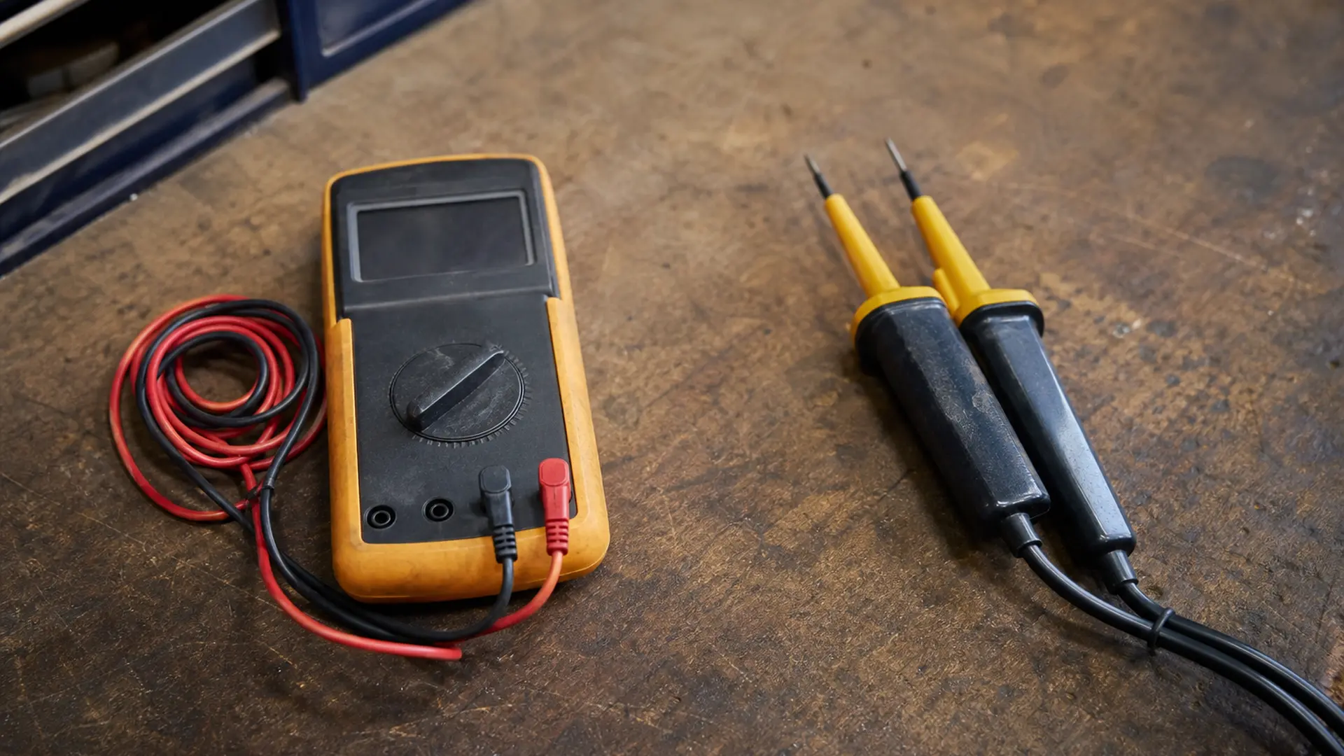 Digitales Multimeter mit Messleitungen liegt auf einer Werkbank neben einem Spannungsprüfer