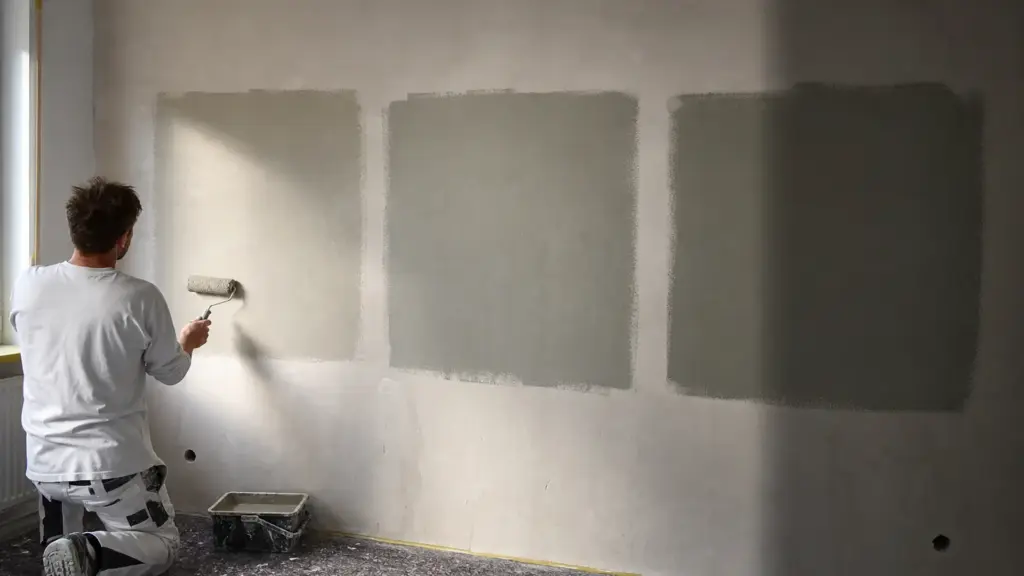 Drei große Farbmusterflächen nebeneinander an einer Wand, eine davon im Schatten