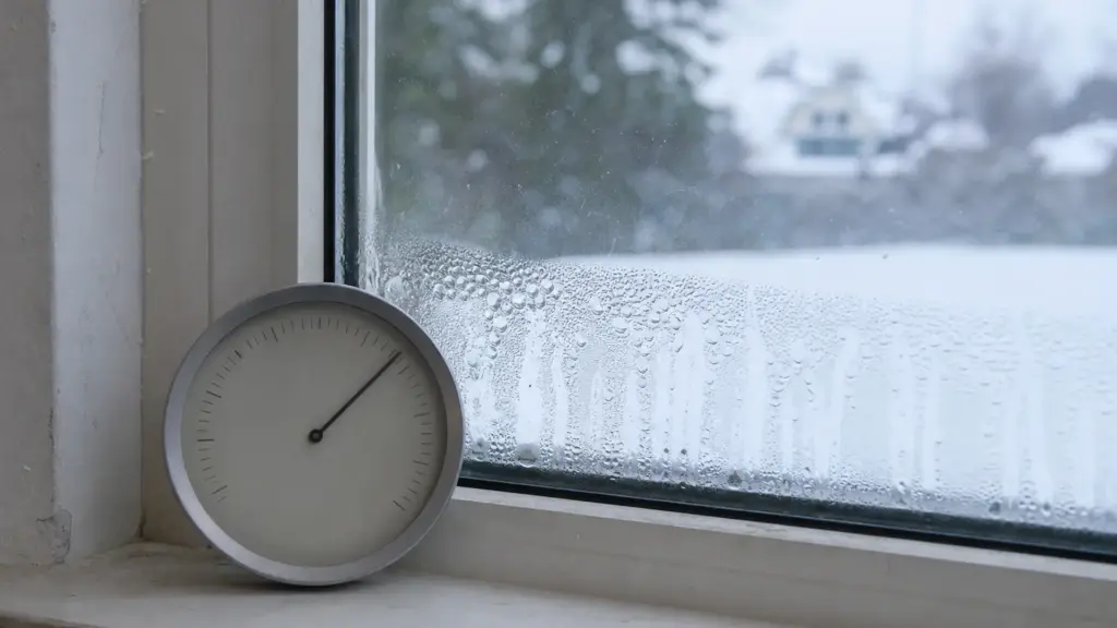Hygrometer steht auf einer Fensterbank, am Fensterglas hat sich Kondenswasser gebildet