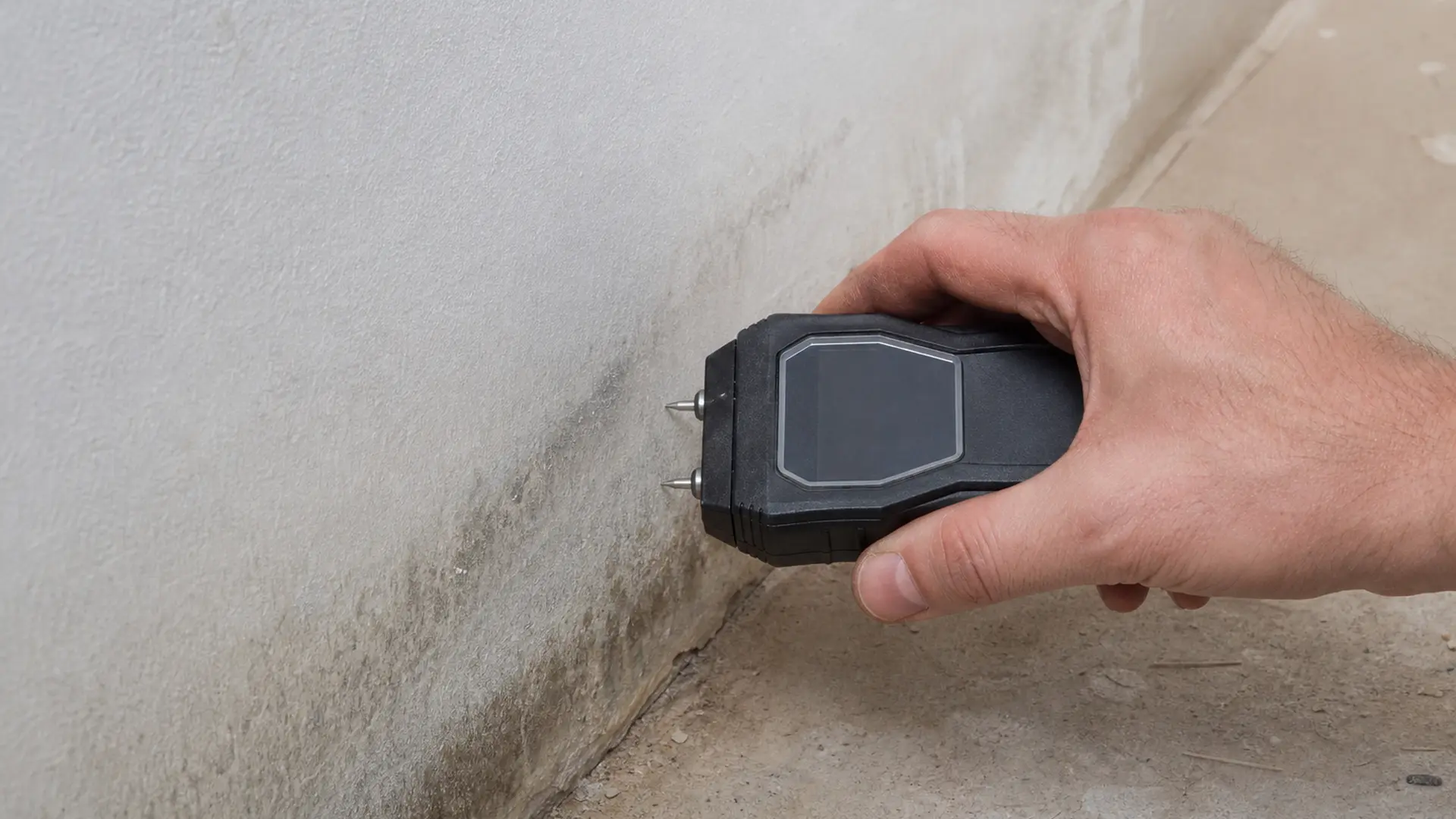 Feuchtemessgerät mit zwei Messspitzen wird an eine Wand im Sockelbereich gehalten