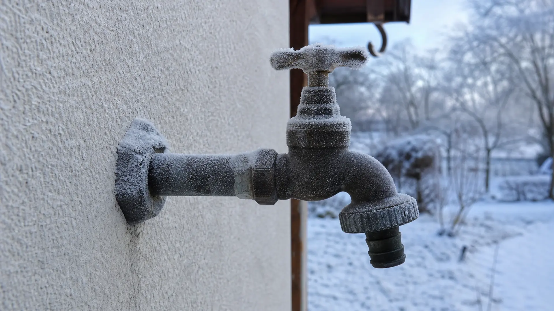 Außenwasserhahn an einer Hauswand bei Frost, Reif auf der Wand
