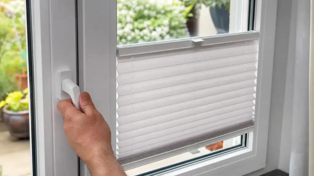Plissee ist direkt im Fensterflügel montiert und zur Hälfte heruntergezogen
