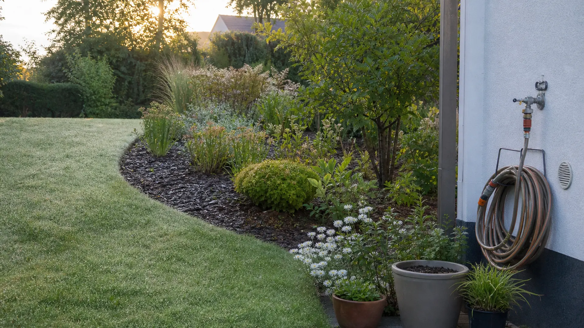 Gartenfläche mit Rasen, Staudenbeet und Kübelpflanzen, ein Gartenschlauch liegt bereit