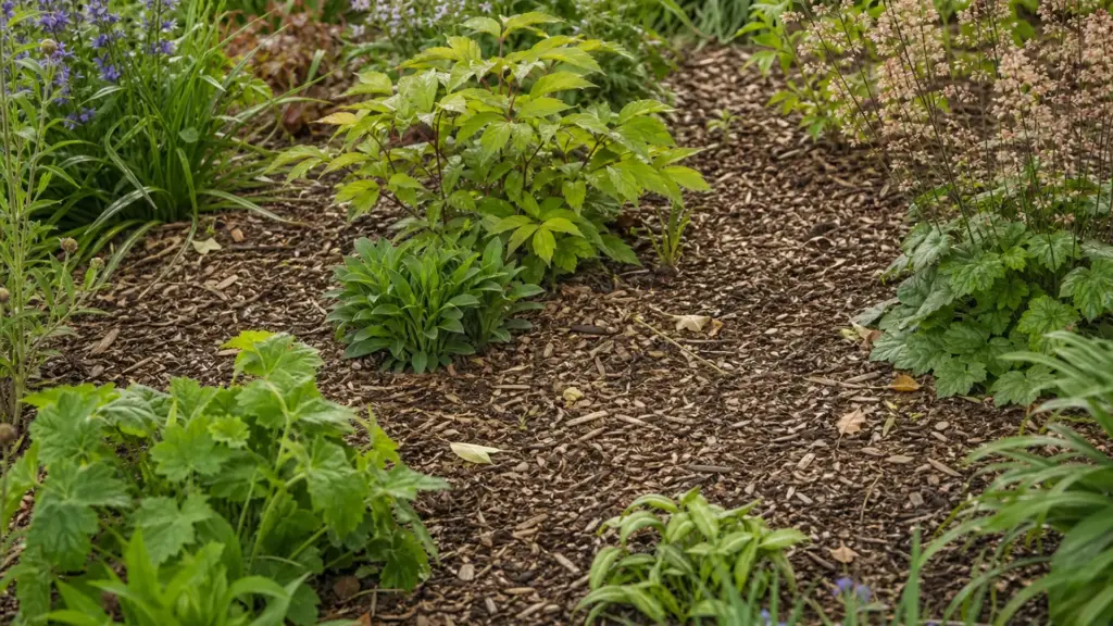 Staudenbeet mit dicker Mulchschicht aus Häckselgut zwischen den Pflanzen