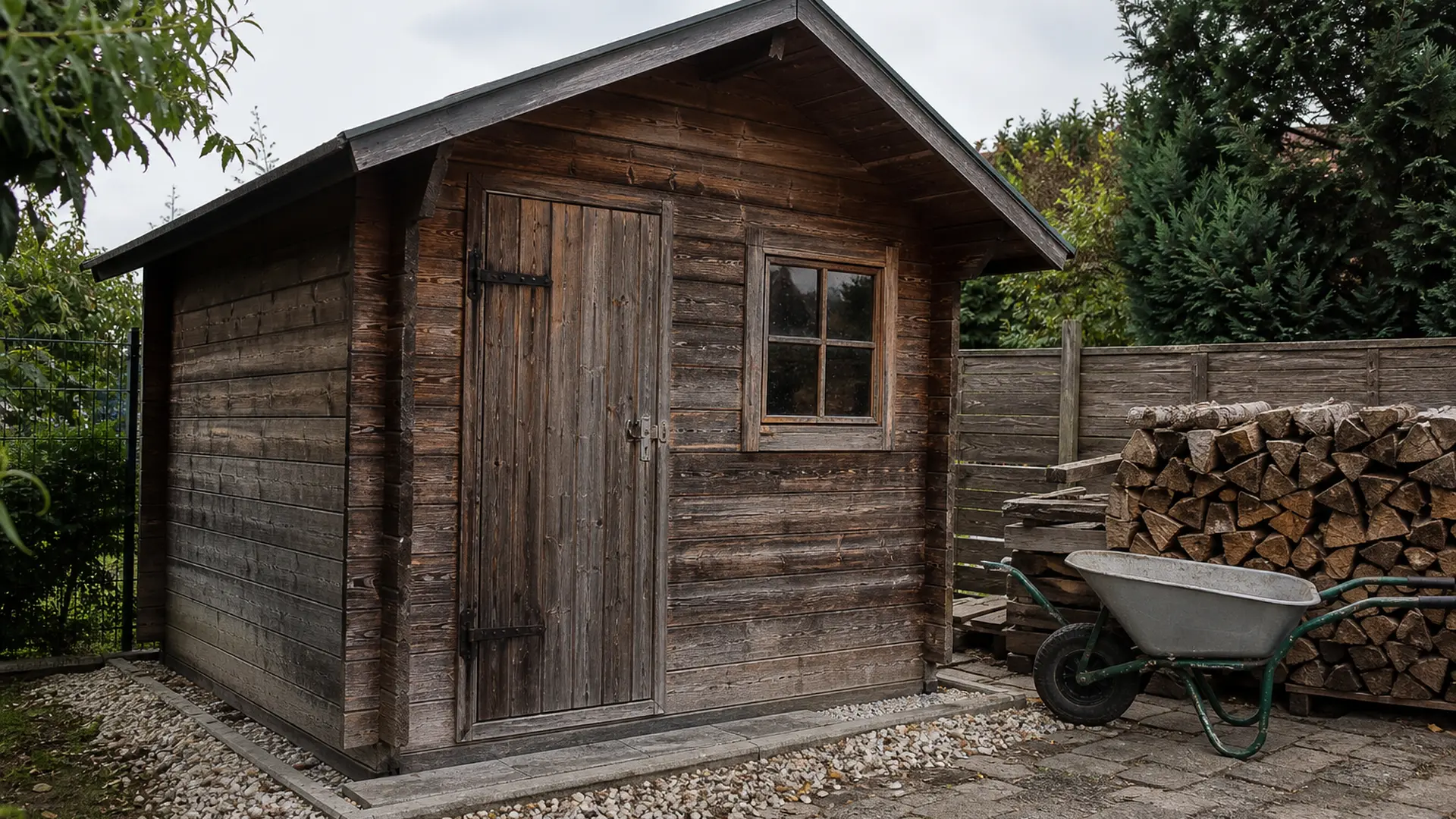 Hölzernes Gartenhaus mit Satteldach und Fenster steht auf einem Plattenfundament im Garten