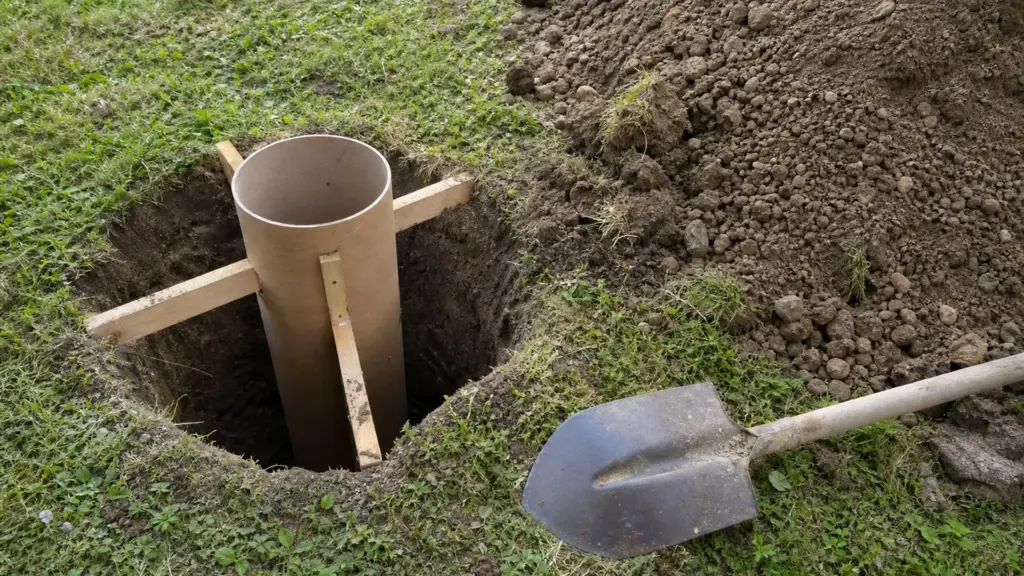 Ausgehobenes Loch für ein Punktfundament mit eingestellter Schalungsröhre