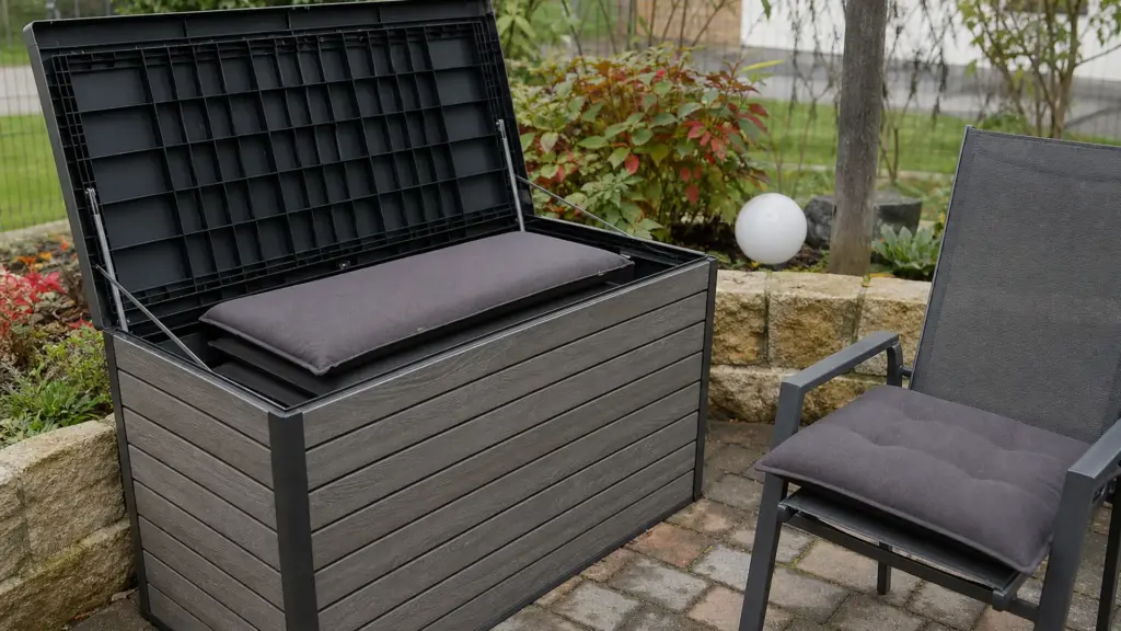 Geöffnete Auflagenbox im Garten mit eingelegten Sitzpolstern