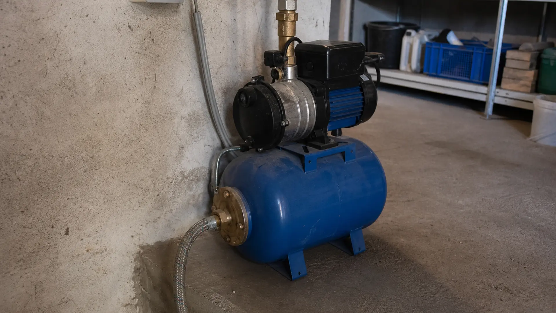 Hauswasserwerk mit Druckkessel steht neben einer Zisterne, Saugschlauch und Druckleitung sind angeschlossen