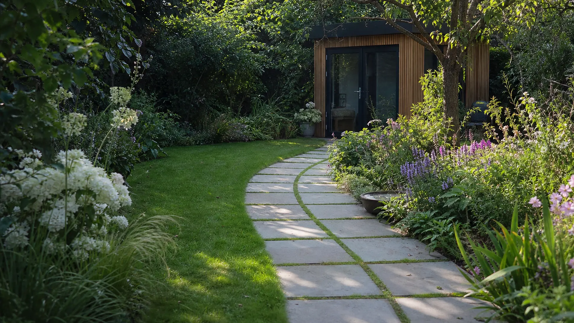 Geschwungener Plattenweg führt durch eine Rasenfläche zu einem Gartenhaus im Hintergrund