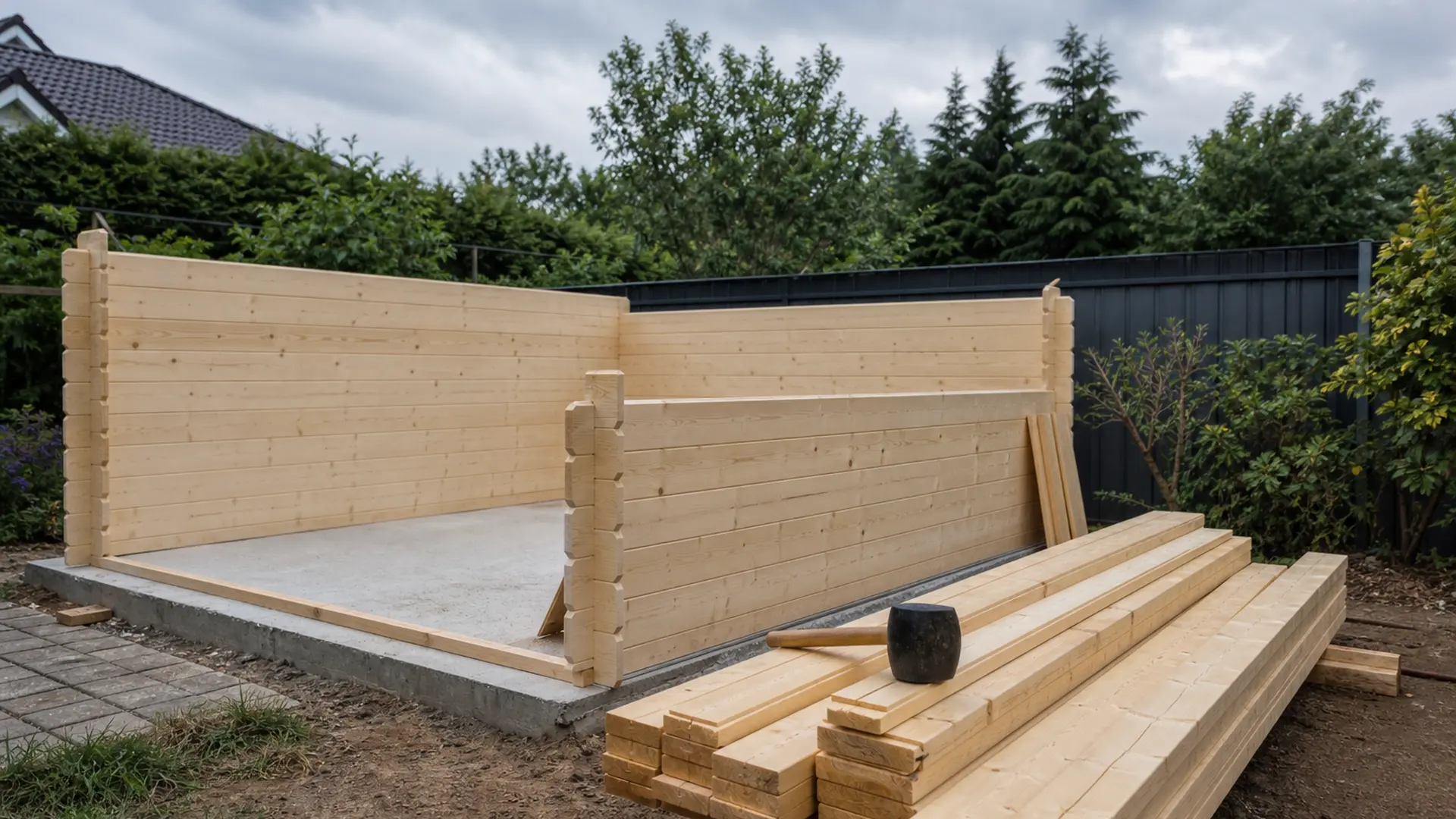Halbfertiger Geräteschuppen aus Blockbohlen, zwei Wände stehen bereits auf dem Fundament