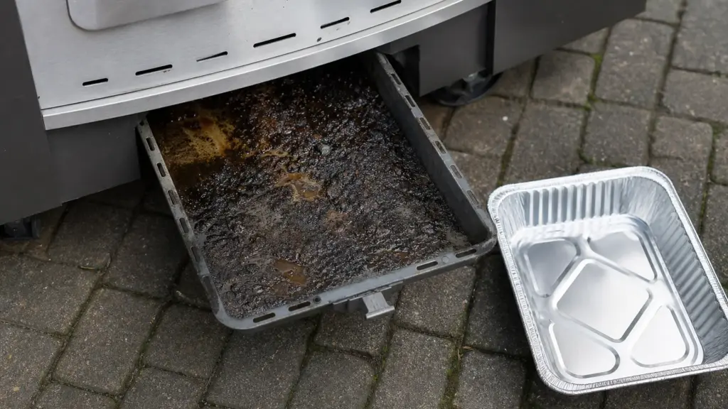Herausgezogene Fettwanne eines Gasgrills mit angesammelten Rückständen