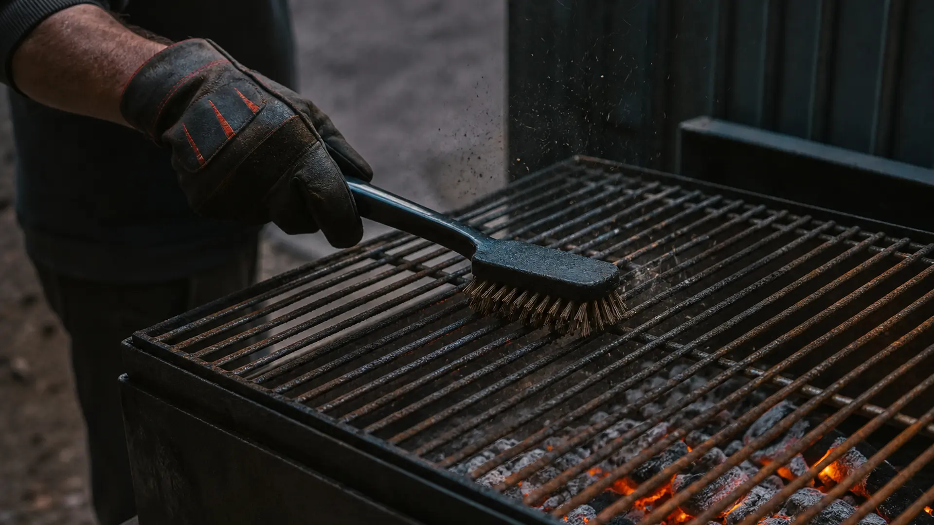 Grillrost wird über der noch warmen Glut mit einer Bürste abgerieben