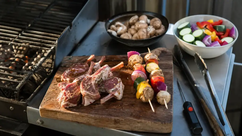Arbeitsfläche neben dem Grill mit Schneidebrett, Schalen und Grillbesteck in Griffweite