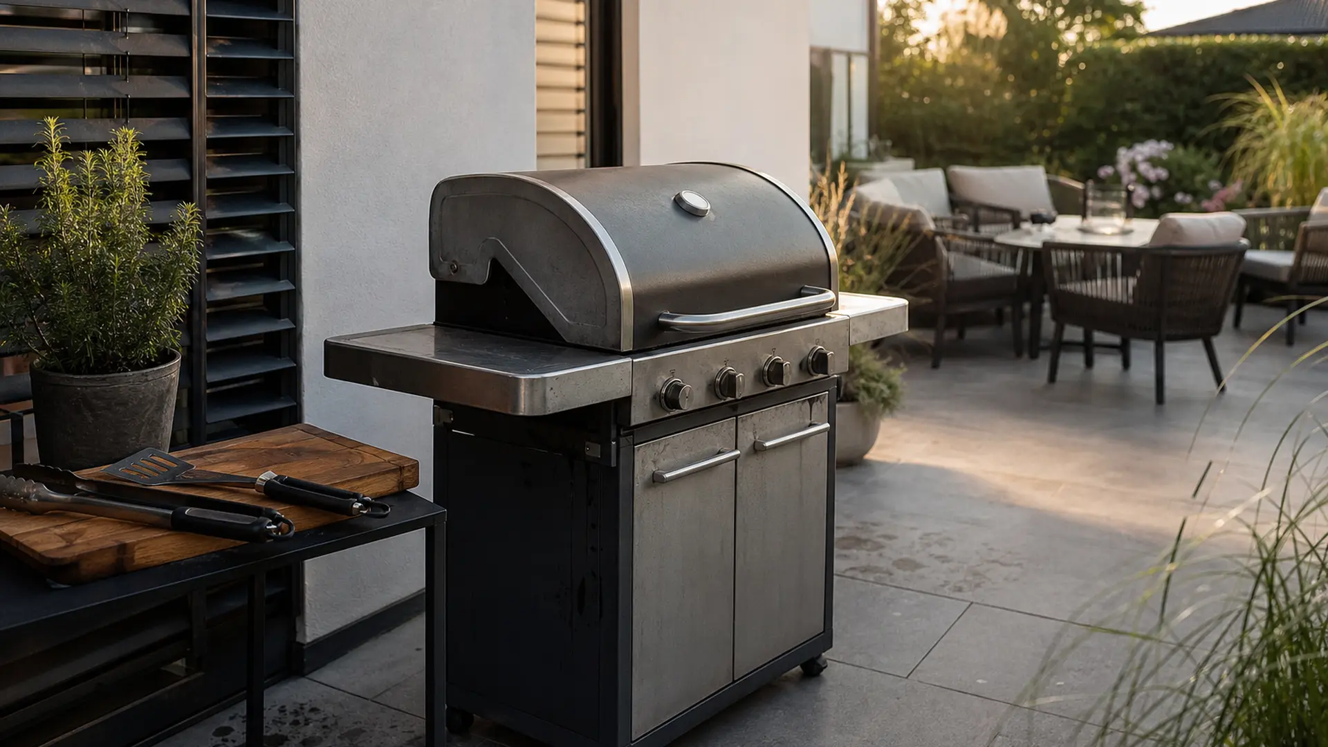 Grillbereich am Rand einer Terrasse mit Gasgrill, Beistelltisch und Abstand zur Hauswand