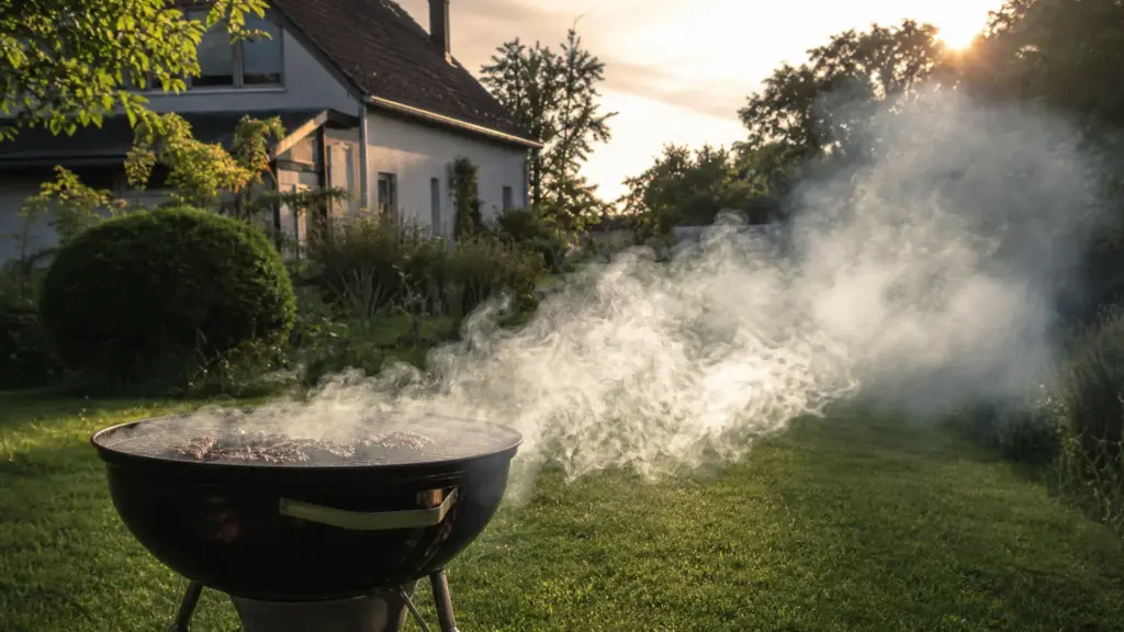 Rauchfahne eines Grills zieht seitlich über den Garten weg vom Haus