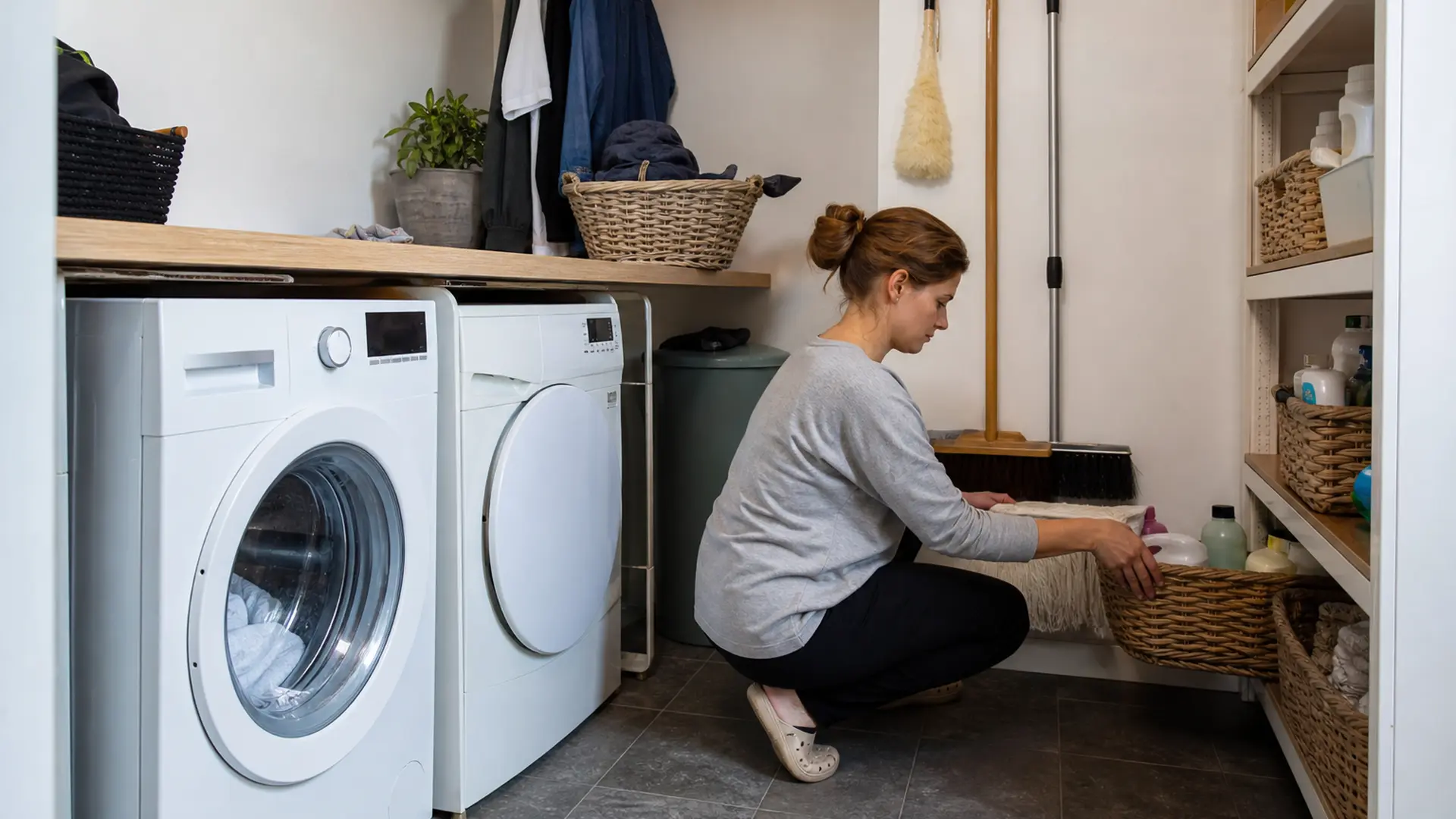 Hauswirtschaftsraum mit Waschmaschine, Arbeitsfläche darüber und offenen Regalen mit Körben