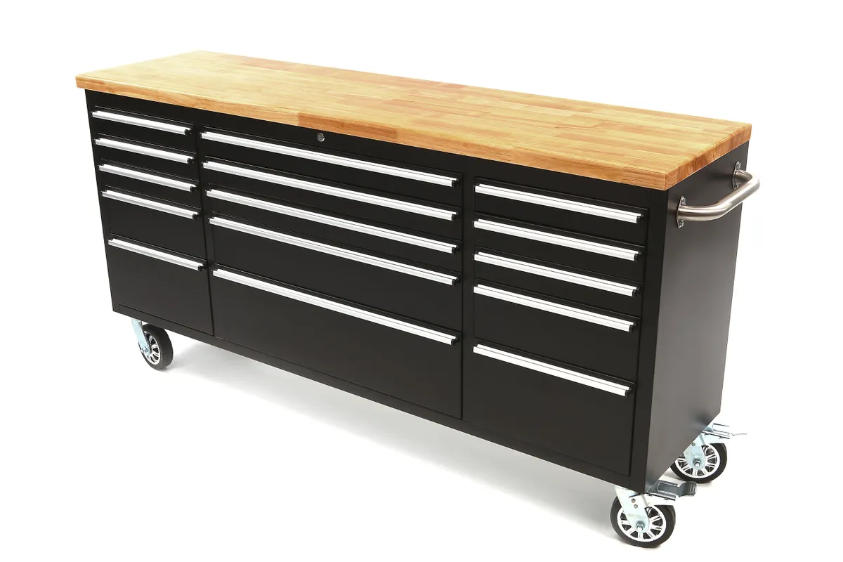 HBM Werkzeugwagen mit Holzplatte, mobile Werkbank - 182 cm - schwarz