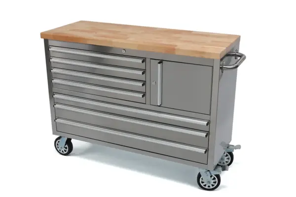 HBM Werkzeugwagen mit Holzarbeitsplatte, 122 cm, Edelstahl