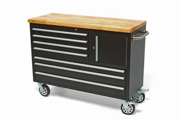 HBM mobiler Werkzeugwagen mit Holzarbeitsplatte, 122 cm, schwarz
