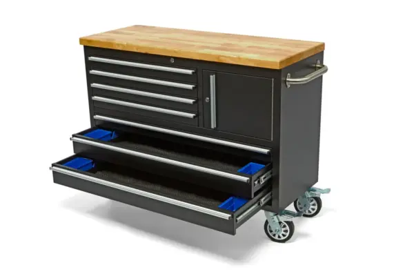 HBM mobiler Werkzeugwagen mit Holzarbeitsplatte, 122 cm, schwarz – Bild 2