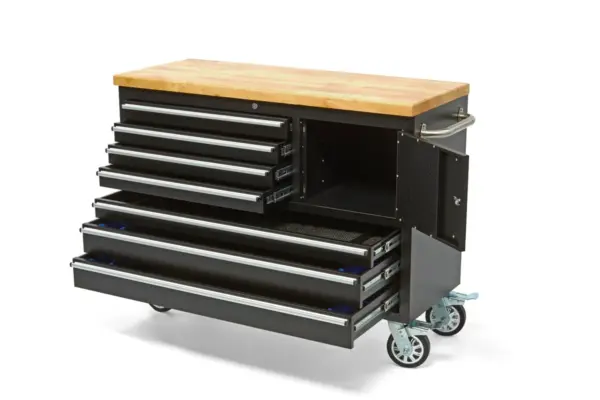 HBM mobiler Werkzeugwagen mit Holzarbeitsplatte, 122 cm, schwarz – Bild 3