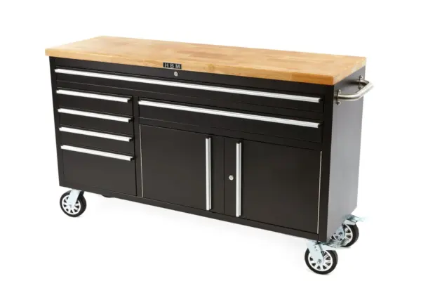 HBM mobiler Werkzeugwagen mit Holzarbeitsplatte, 152 cm, schwarz